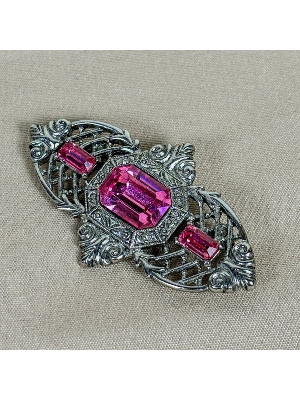 Art Deco Revival Pink Rhinestone Emerald Cut Brooch Silver Tone Vintage C85